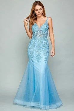 Embroidered Tulle V-Neck Mermaid Dress By Adora 3006 -Dresses Shop embroidered tulle v neck mermaid dress by adora 3006 long formal dresses adora design xs sky blue 810450