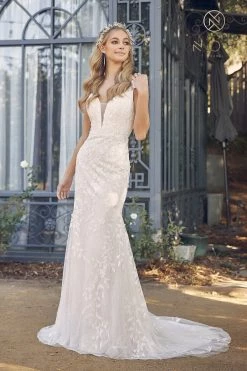 Fitted Applique V-Neck Wedding Dress By Nox Anabel JE949 -Dresses Shop fitted applique v neck wedding dress by nox anabel je949 long formal dresses nox anabel 302461