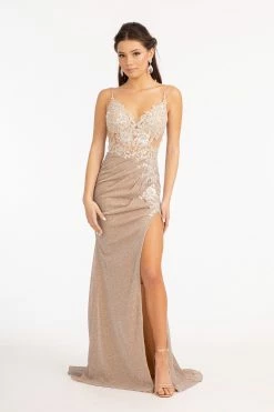 Fitted Long Glitter Slit Dress By Elizabeth K GL3030 -Dresses Shop fitted long glitter slit dress by elizabeth k gl3030 long formal dresses elizabeth k xs champagne 842399