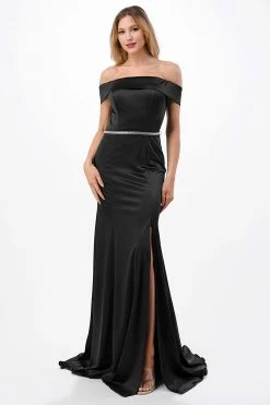 Fitted Long Off Shoulder Satin Slit Dress By Coya D548 -Dresses Shop fitted long off shoulder satin slit dress by coya d548 long formal dresses coya collection xs black 372723