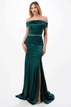 Fitted Long Off Shoulder Satin Slit Dress By Coya D548 -Dresses Shop fitted long off shoulder satin slit dress by coya d548 long formal dresses coya collection xs hunter green 495798