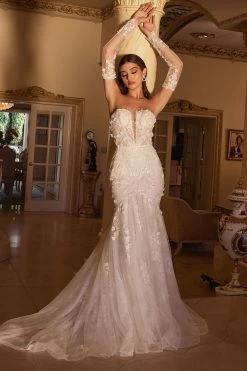 Fitted Long Sleeve Bridal Gown By Cinderella Divine CD977W - Outlet