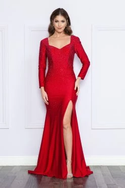 Fitted Long Sleeve Rhinestone Gown By Poly USA 9114 -Dresses Shop fitted long sleeve rhinestone gown by poly usa 9114 long formal dresses poly usa 552533