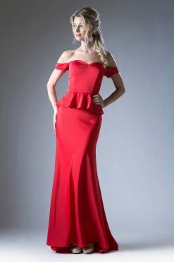 Fitted Off Shoulder Peplum Gown By Cinderella Divine CF134 -Dresses Shop fitted off shoulder peplum gown by cinderella divine cf134 long formal dresses cinderella divine s red 674515