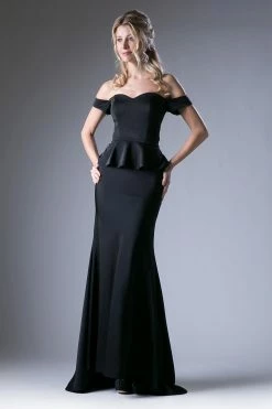 Fitted Off Shoulder Peplum Gown By Cinderella Divine CF134 -Dresses Shop fitted off shoulder peplum gown by cinderella divine cf134 long formal dresses cinderella divine xs black 709828