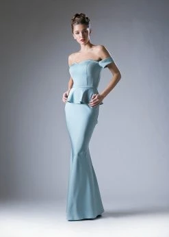 Fitted Off Shoulder Peplum Gown By Cinderella Divine CF134 -Dresses Shop fitted off shoulder peplum gown by cinderella divine cf134 long formal dresses cinderella divine xs mint 174755