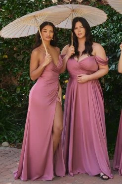 Fitted Ruched Long V-Neck Satin Dress By Ladivine 7494 -Dresses Shop fitted ruched long v neck satin dress by ladivine 7494 long formal dresses cinderella divine 4 mauve rose 658636