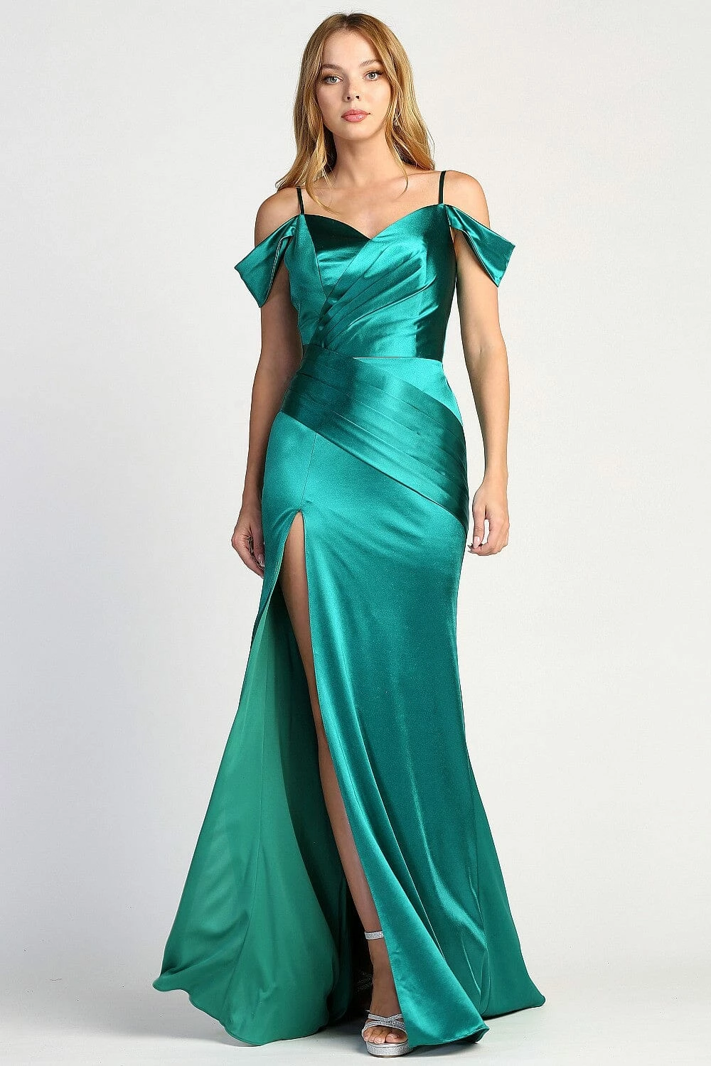 Fitted Satin Cold Shoulder Slit Gown By Adora 3063 6 Fitted Satin Cold Shoulder Slit Gown By Adora 3063 - Image 4