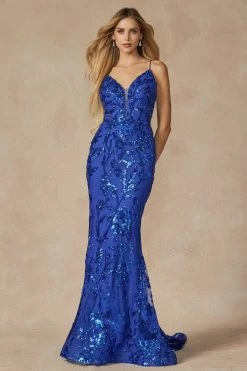 Fitted Sequin Print Deep V-Neck Gown By Juliet 2411