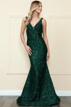Fitted Sequin Sheer V-Neck Gown By Poly USA 9108 -Dresses Shop fitted sequin sheer v neck gown by poly usa 9108 long formal dresses poly usa xs emerald 554404