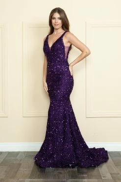 Fitted Sequin Sheer V-Neck Gown By Poly USA 9108 -Dresses Shop fitted sequin sheer v neck gown by poly usa 9108 long formal dresses poly usa xs purple 413617