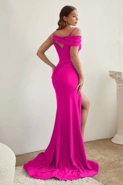 Fitted Shimmer Satin V-Neck Gown By Ladivine CD881 -Dresses Shop fitted shimmer satin v neck gown by ladivine cd881 long formal dresses cinderella divine 2 fuchsia 925065