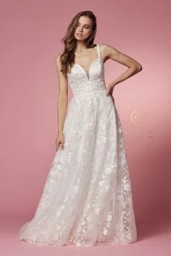 Floral Applique A-line Wedding Dress By Nox Anabel JE922 -Dresses Shop floral applique a line wedding dress by nox anabel je922 long formal dresses nox anabel 553369