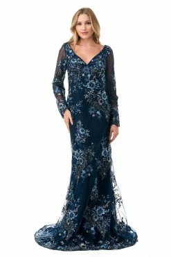 Floral Applique Long Sleeve Mermaid Gown By Coya M2768F