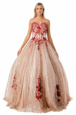 Floral Applique Strapless Glitter Ball Gown By Coya L2730