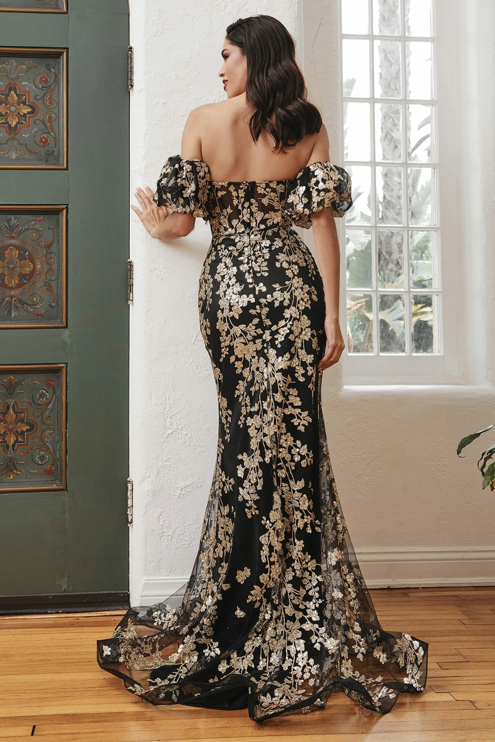 Floral Glitter Fitted Puff Sleeve Gown By Ladivine J844 4 Floral Glitter Fitted Puff Sleeve Gown By Ladivine J844 - Image 2