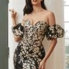 Floral Glitter Fitted Puff Sleeve Gown By Ladivine J844