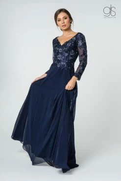 Floral Lace Long V-Neck Dress With Sleeves By Elizabeth K GL2825