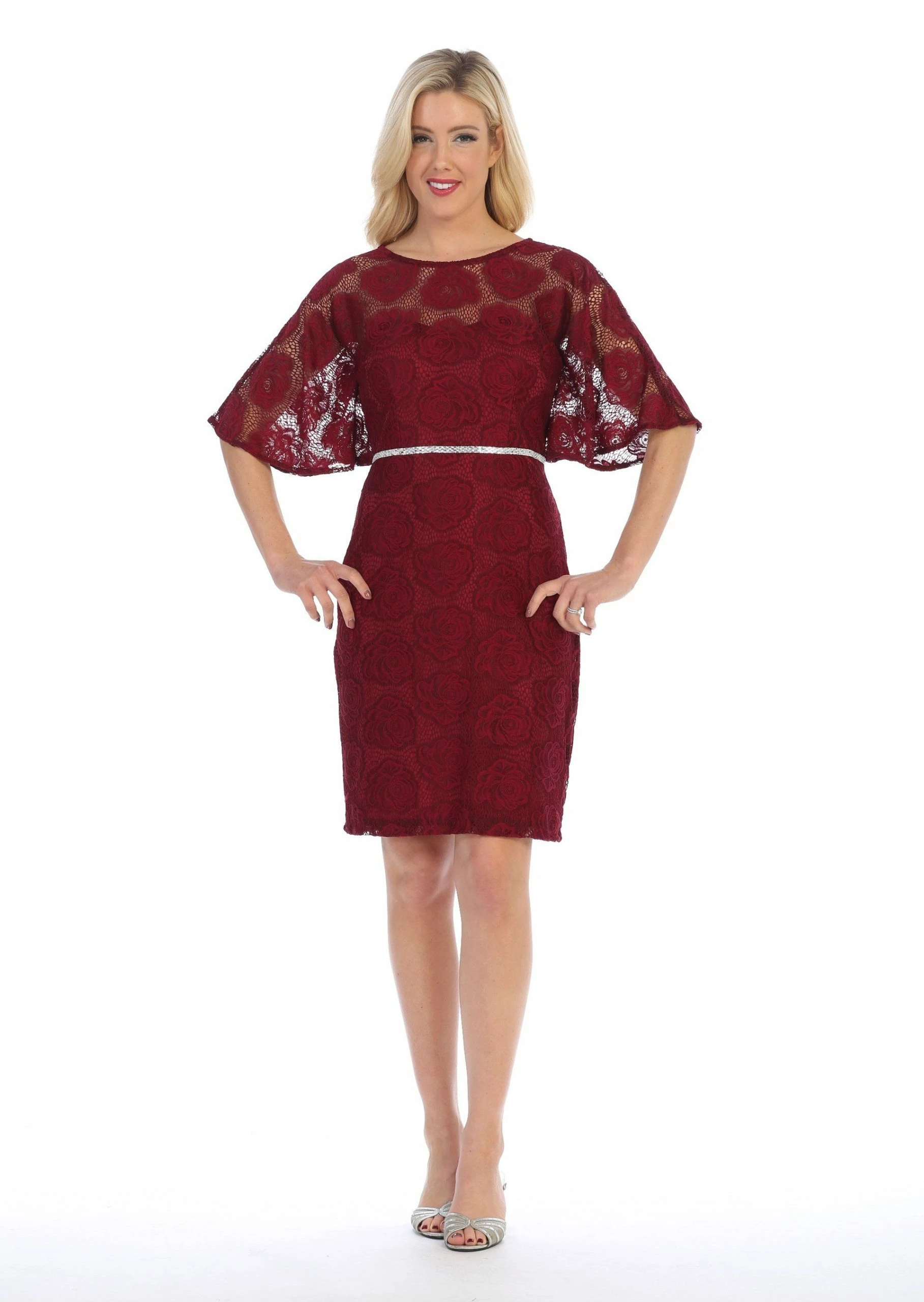 Floral Lace Short Dress With Flutter Sleeves By Celavie 6337 3 Floral Lace Short Dress With Flutter Sleeves By Celavie 6337