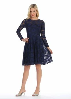 Floral Lace Short Dress With Long Sleeves By Celavie 6327 -Dresses Shop floral lace short dress with long sleeves by celavie 6327 short cocktail dresses celavie 597552