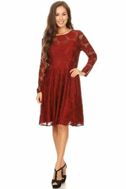 Floral Lace Short Dress With Long Sleeves By Celavie 6327 -Dresses Shop floral lace short dress with long sleeves by celavie 6327 short cocktail dresses celavie m burgundy 834214