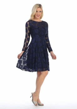 Floral Lace Short Dress With Long Sleeves By Celavie 6327