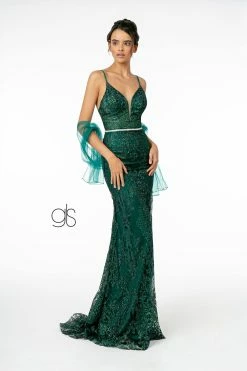 Glitter Embroidered Long Fitted V-Neck Dress By Elizabeth K GL2990