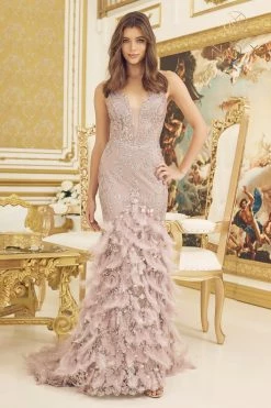 Glitter Print Feather Mermaid Gown By Nox Anabel C1111 -Dresses Shop glitter print feather mermaid gown by nox anabel c1111 long formal dresses nox anabel 286930