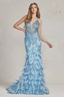 Glitter Print Feather Mermaid Gown By Nox Anabel C1111 -Dresses Shop glitter print feather mermaid gown by nox anabel c1111 long formal dresses nox anabel 612826