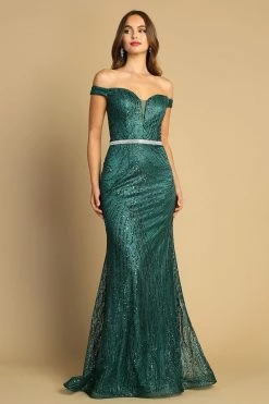 Glitter Print Fitted Off Shoulder Gown By Adora 3093 -Dresses Shop glitter print fitted off shoulder gown by adora 3093 long formal dresses adora design xs emerald 190614