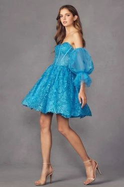 Glitter Print Short Puff Sleeve A-line Dress By Juliet 895 -Dresses Shop glitter print short puff sleeve a line dress by juliet 895 short cocktail dresses juliet 159275