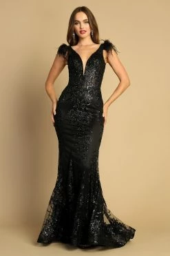 Glitter Print V-Neck Feather Mermaid Dress By Adora 3148 -Dresses Shop glitter print v neck feather mermaid dress by adora 3148 long formal dresses adora design xs black 965981