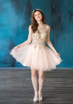 Gold Applique Short Sleeveless Dress By Calla Collection -Dresses Shop gold applique short sleeveless dress by calla collection short cocktail dresses calla collection xs pink mauve 670035