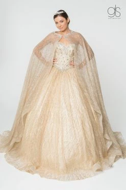 Jeweled Strapless Cape Ball Gown By Elizabeth K GL2801 -Dresses Shop jeweled strapless glitter ball gown with cape by elizabeth k gl2801 quinceanera dresses elizabeth k xs champagne 178805