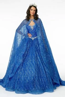 Jeweled Strapless Cape Ball Gown By Elizabeth K GL2801