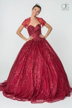 Jeweled Strapless Glitter Ball Gown With Jacket By Elizabeth K GL2804