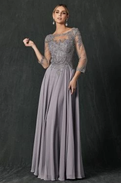 Lace Applique 3/4 Sleeve Chiffon Gown By Juliet M12