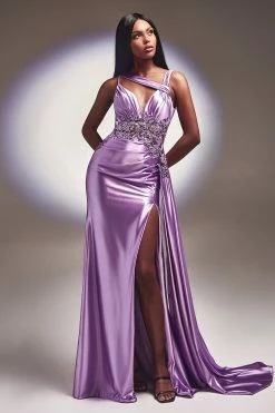 Lace Embellished Satin Slit Gown By Ladivine CDS415 -Dresses Shop lace embellished satin slit gown by ladivine cds415 long formal dresses cinderella divine 16 lavender 575269
