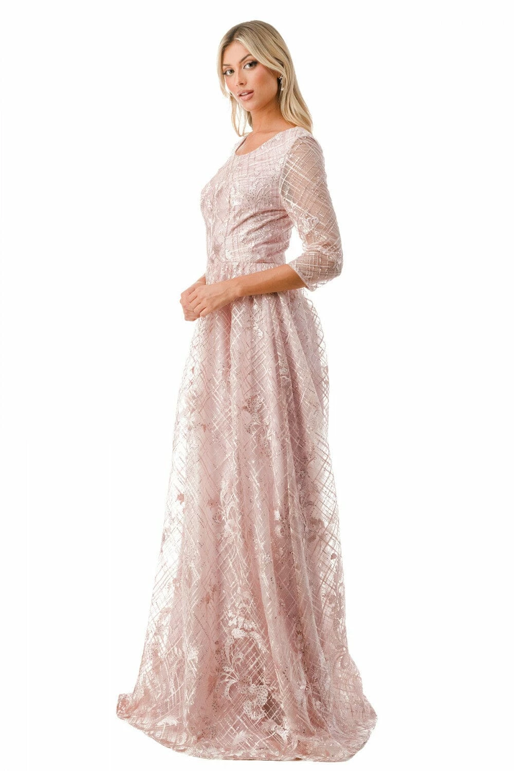 Lattice Print 3/4 Sleeve A-line Gown By Coya M2735F 5 Lattice Print 3/4 Sleeve A-line Gown By Coya M2735F - Image 3