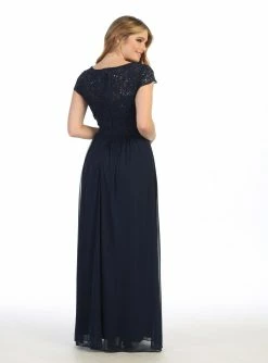 Long A-line Lace Bodice Dress With Short Sleeves By Celavie 6469 -Dresses Shop long a line lace bodice dress with short sleeves by celavie 6469 long formal dresses celavie 106759