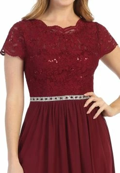 Long A-line Lace Bodice Dress With Short Sleeves By Celavie 6469 -Dresses Shop long a line lace bodice dress with short sleeves by celavie 6469 long formal dresses celavie 113116