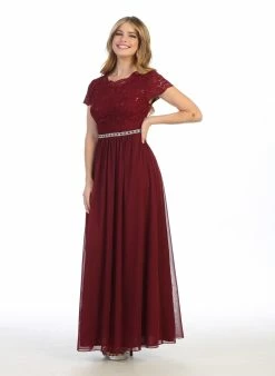 Long A-line Lace Bodice Dress With Short Sleeves By Celavie 6469 -Dresses Shop long a line lace bodice dress with short sleeves by celavie 6469 long formal dresses celavie 186291