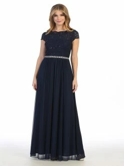 Long A-line Lace Bodice Dress With Short Sleeves By Celavie 6469 -Dresses Shop long a line lace bodice dress with short sleeves by celavie 6469 long formal dresses celavie 333923