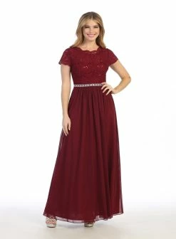 Long A-line Lace Bodice Dress With Short Sleeves By Celavie 6469