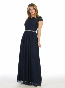 Long A-line Lace Bodice Dress With Short Sleeves By Celavie 6469 -Dresses Shop long a line lace bodice dress with short sleeves by celavie 6469 long formal dresses celavie 989258