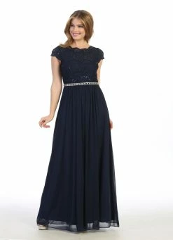 Long A-line Lace Bodice Dress With Short Sleeves By Celavie 6469 -Dresses Shop long a line lace bodice dress with short sleeves by celavie 6469 long formal dresses celavie m navy 432399
