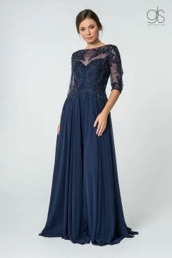 Long Applique Dress With Mid-Sleeves By Elizabeth K GL2524 -Dresses Shop long applique dress with mid sleeves by elizabeth k gl2524 long formal dresses elizabeth k s navy 192895