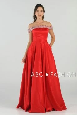 Long Beaded Off The Shoulder Dress With Pockets By Poly USA 8242 -Dresses Shop long beaded off the shoulder dress with pockets by poly usa 8242 long formal dresses poly usa xs red 560155
