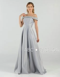 Long Beaded Off The Shoulder Dress With Pockets By Poly USA 8242 -Dresses Shop long beaded off the shoulder dress with pockets by poly usa 8242 long formal dresses poly usa xs silver 595172