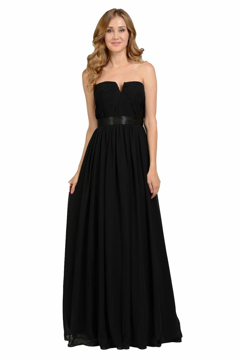 Long Black Strapless Chiffon Dress With V Notch By Poly USA 3 Long Black Strapless Chiffon Dress With V Notch By Poly USA